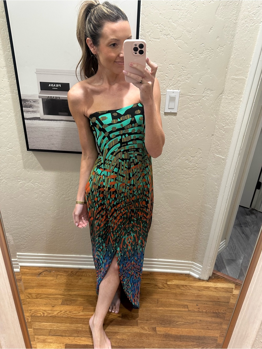 BCBGMaxAzria Strapless Maxi Dress in Teal, Orange, Blue